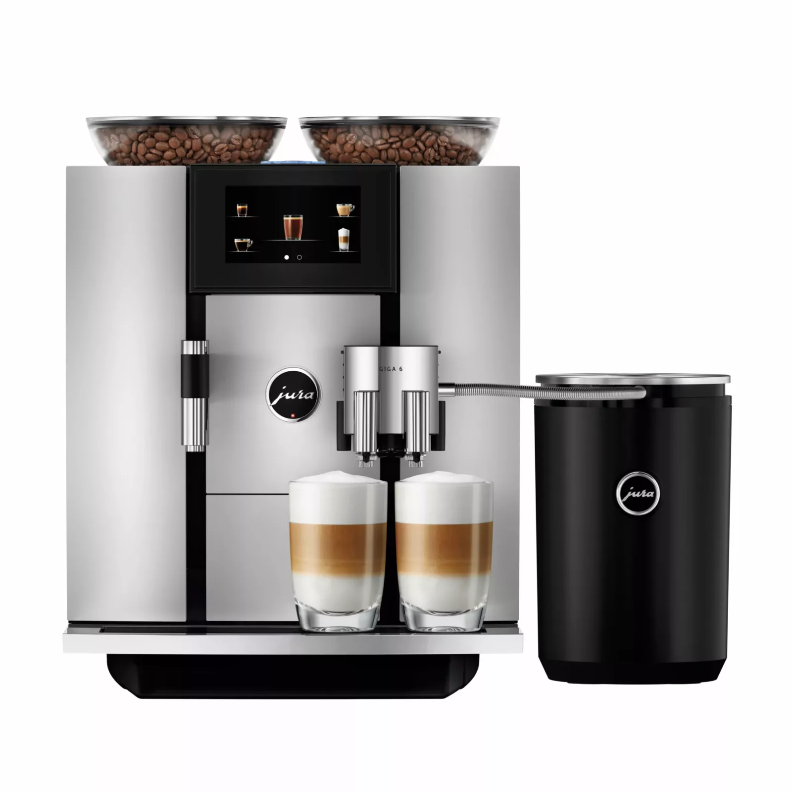 A silver and black DISCONTINUED - Jura GIGA 6 Automatic Coffee Machine - Aluminum with two glass layered lattes, touchscreen display, coffee beans visible on top, and an aluminum-accented black milk container attached on the right. © 2025 1st-line.com