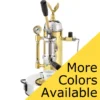 An Elektra Microcasa a Leva Espresso Machine with a pressure gauge and eagle figure on top sits next to a cup, partially covered by a yellow More Colors Available banner. © 2025 1st-line.com