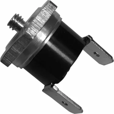 Close-up of ECM C100001816 135°C Steam Thermostat in metal and black plastic, featuring two flat metal terminals and a threaded mounting top. © 2025 1st-line.com