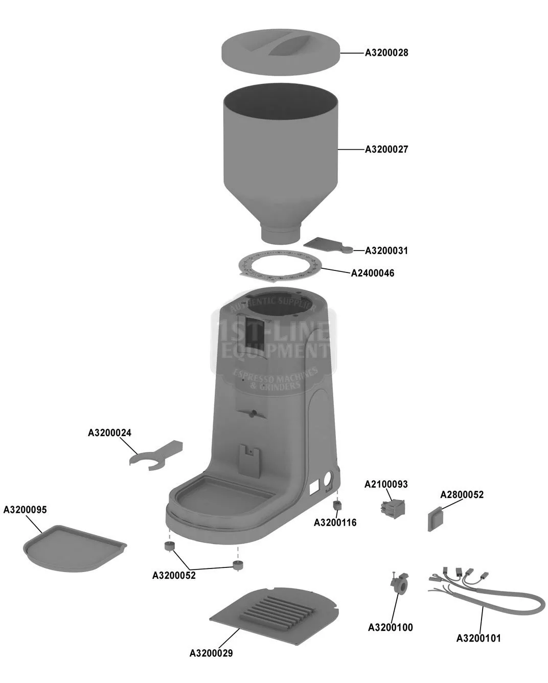 Exploded view parts diagram of a Fiorenzato Doge coffee grinder showing labeled components, including lid, hopper, grinder body, drip tray, front panel, and small parts with part numbers. Compatible with 230V and 400V models. © 2025 1st-line.com