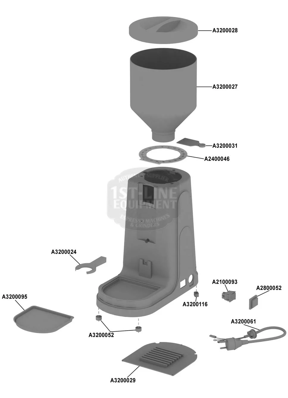 Exploded view Parts Diagram of a Fiorenzato Doge coffee grinder showing labeled parts like the hopper, lid, gasket, tamper, tray, screws, brush, and power cord (230V 400V), all identified by part numbers. © 2025 1st-line.com
