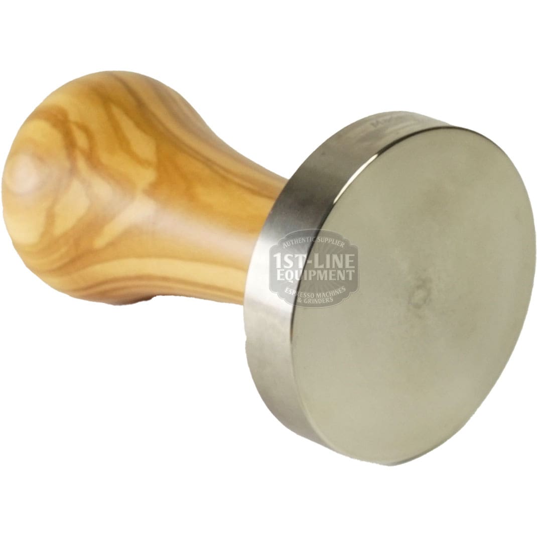The 1st-line Olive Wood 58mm Espresso Coffee Tamper features a smooth, rounded olive wood handle and a flat 58mm metal base, ideal for compressing ground coffee in an espresso machine portafilter. © 2025 1st-line.com