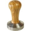 The 1st-line Olive Wood 58mm Espresso Coffee Tamper features an olive wood handle and a metal base engraved with Made in Italy Ø58 and the 1st-Line Equipment logo. © 2025 1st-line.com