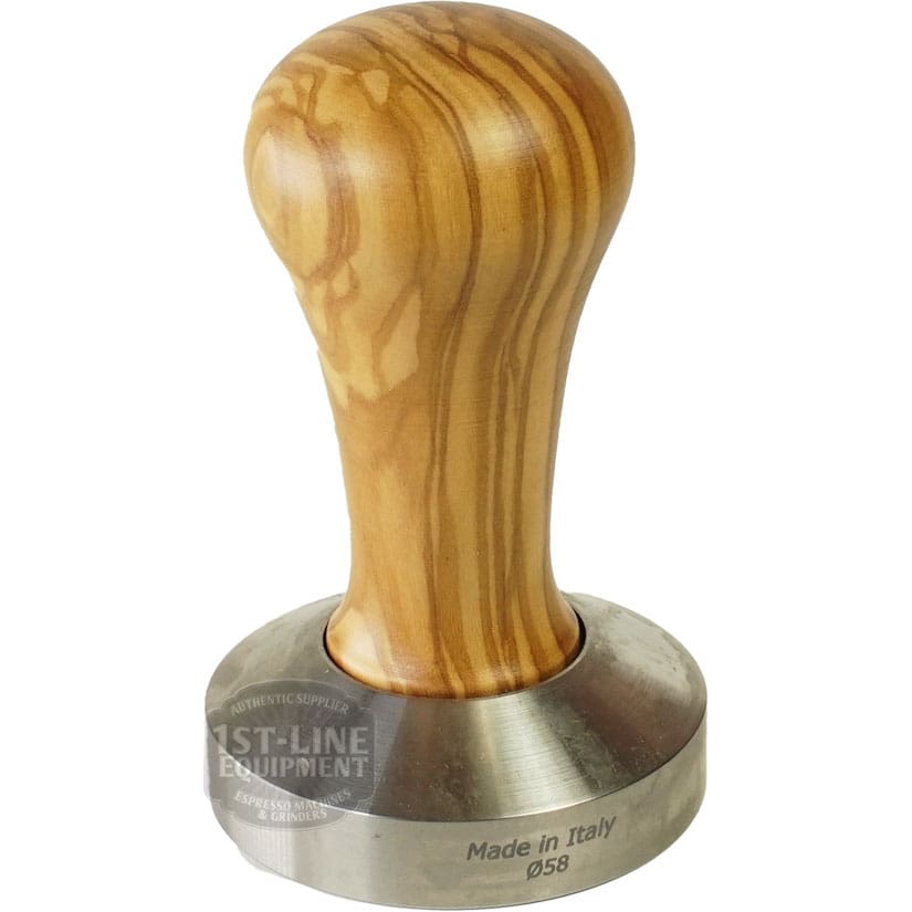 The 1st-line Olive Wood 58mm Espresso Coffee Tamper features an olive wood handle and a metal base engraved with Made in Italy Ø58 and the 1st-Line Equipment logo. © 2025 1st-line.com