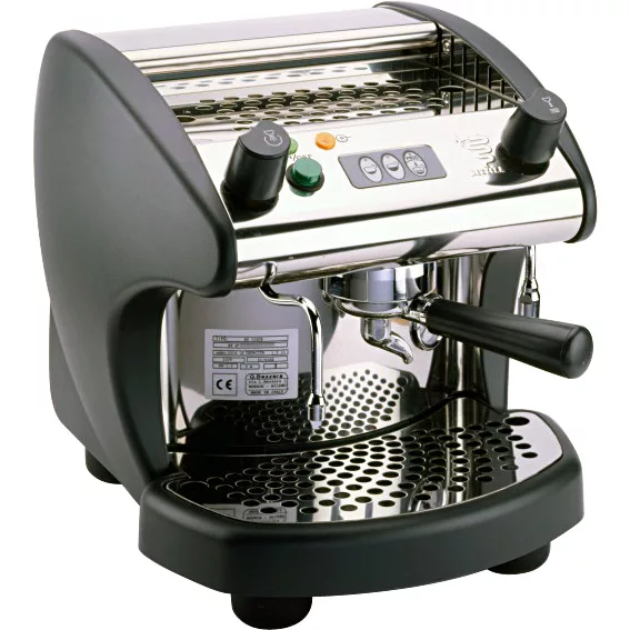 The DISCONTINUED Bezzera BZ02 Espresso Machine has stainless steel construction, black side panels, two control knobs, three push buttons, a portafilter handle, and a drip tray with a perforated metal surface. © 2025 1st-line.com