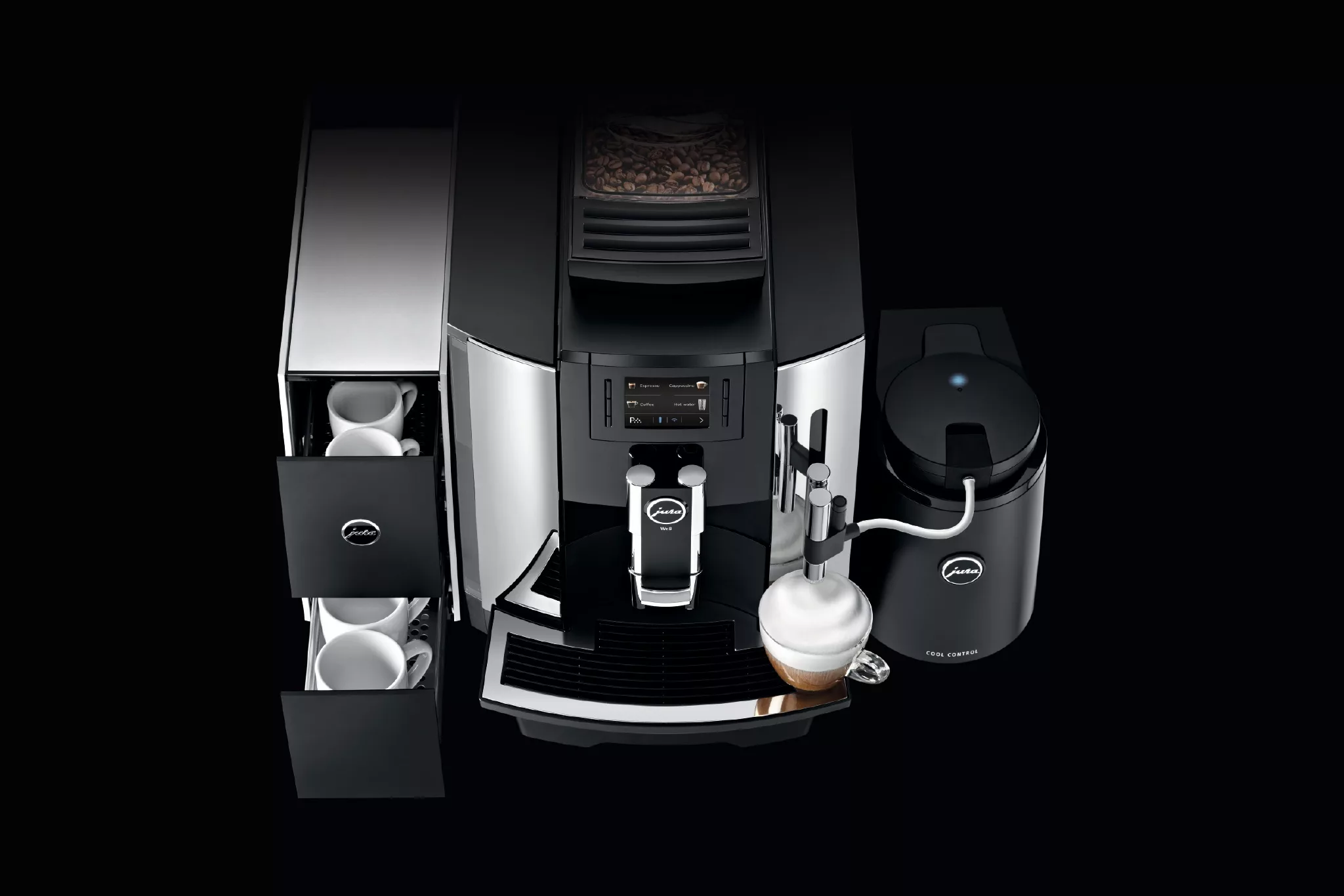 The DISCONTINUED Jura WE8 Professional Automatic Coffee Machine - Chrome features a digital display, left-side cup storage with stacked cups, a right-side milk frother, and a glass of frothed coffee on the drip tray. © 2025 1st-line.com