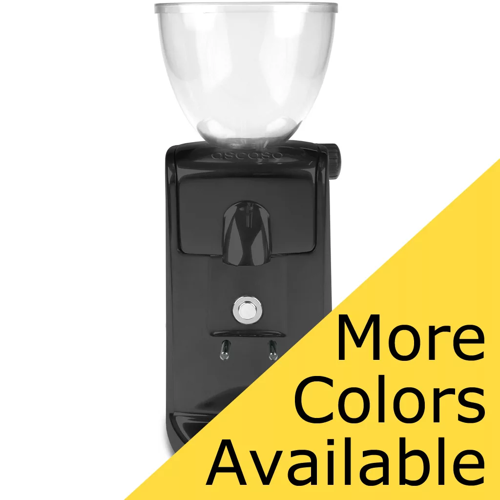 A discontinued Ascaso I-Mini Flat Burr Espresso Coffee Grinder (old style), black with a clear hopper, is shown on a white background. A yellow diagonal banner in the lower right says More Colors Available in bold black text. © 2025 1st-line.com