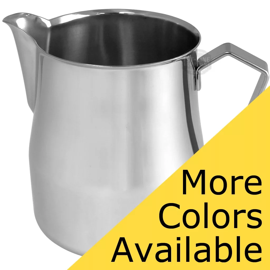A Motta 901 Europa 25oz (75cl) Milk Frothing Pitcher with handle is displayed on a white background. A yellow diagonal banner at the bottom right says “More Colors Available” in bold black text. © 2025 1st-line.com