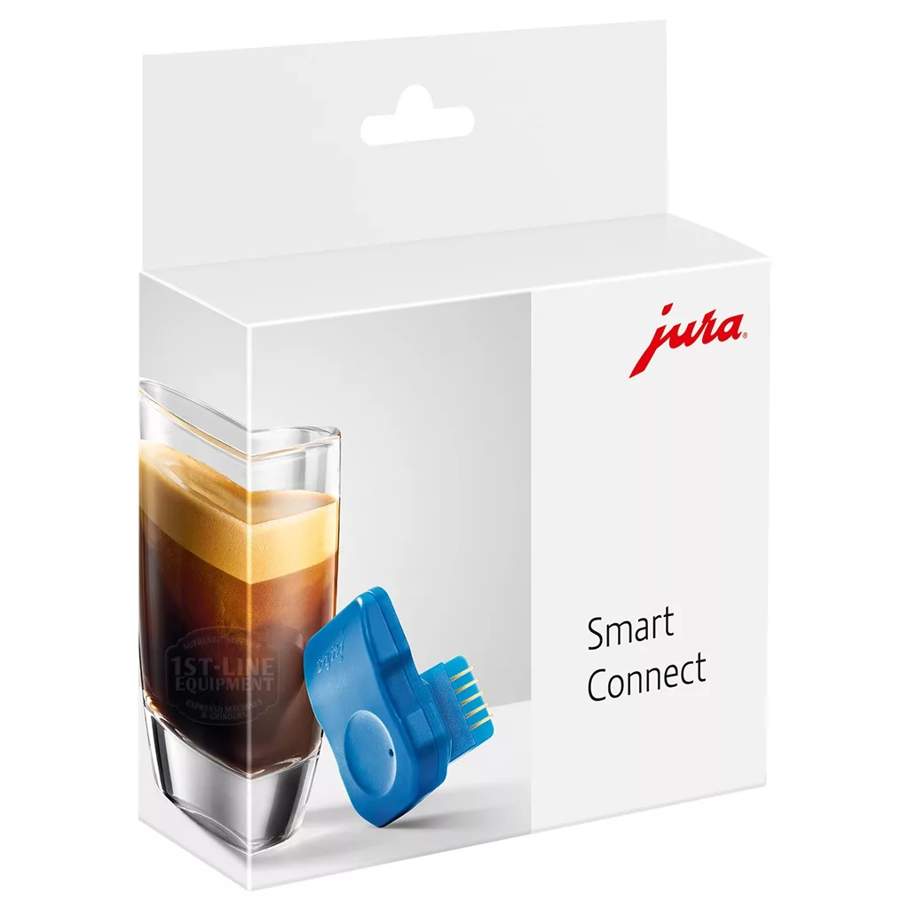 A retail box for the DISCONTINUED Jura Bluetooth Smart Connect for Jura Automatic Coffee Machines, showing the blue accessory, an espresso shot in a glass, and visible Jura logo and product name on white packaging. © 2025 1st-line.com