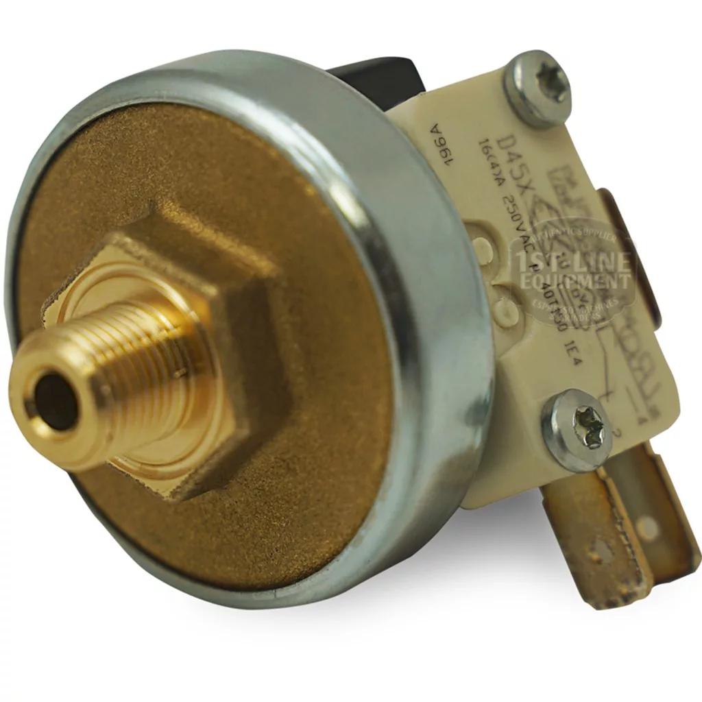 Close-up of a Mater XP110 Pressurestat 0.5-1.2Bar electrical pressure switch featuring a threaded connector and two flat terminals, shown on a white background. © 2025 1st-line.com