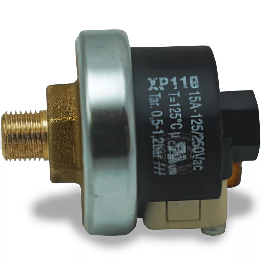 Close-up of a Mater XP110 Pressurestat 0.5-1.2Bar pressure switch, featuring a black and metallic body, threaded brass connector, and label indicating 15A 125/250VAC with technical specs visible. © 2025 1st-line.com
