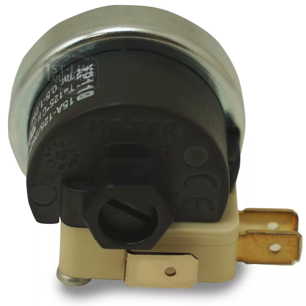 Close-up of the Mater XP110 Pressurestat 0.5-1.2Bar with metal casing, black plastic dial, and brass terminals, designed for temperature control in appliances. © 2025 1st-line.com