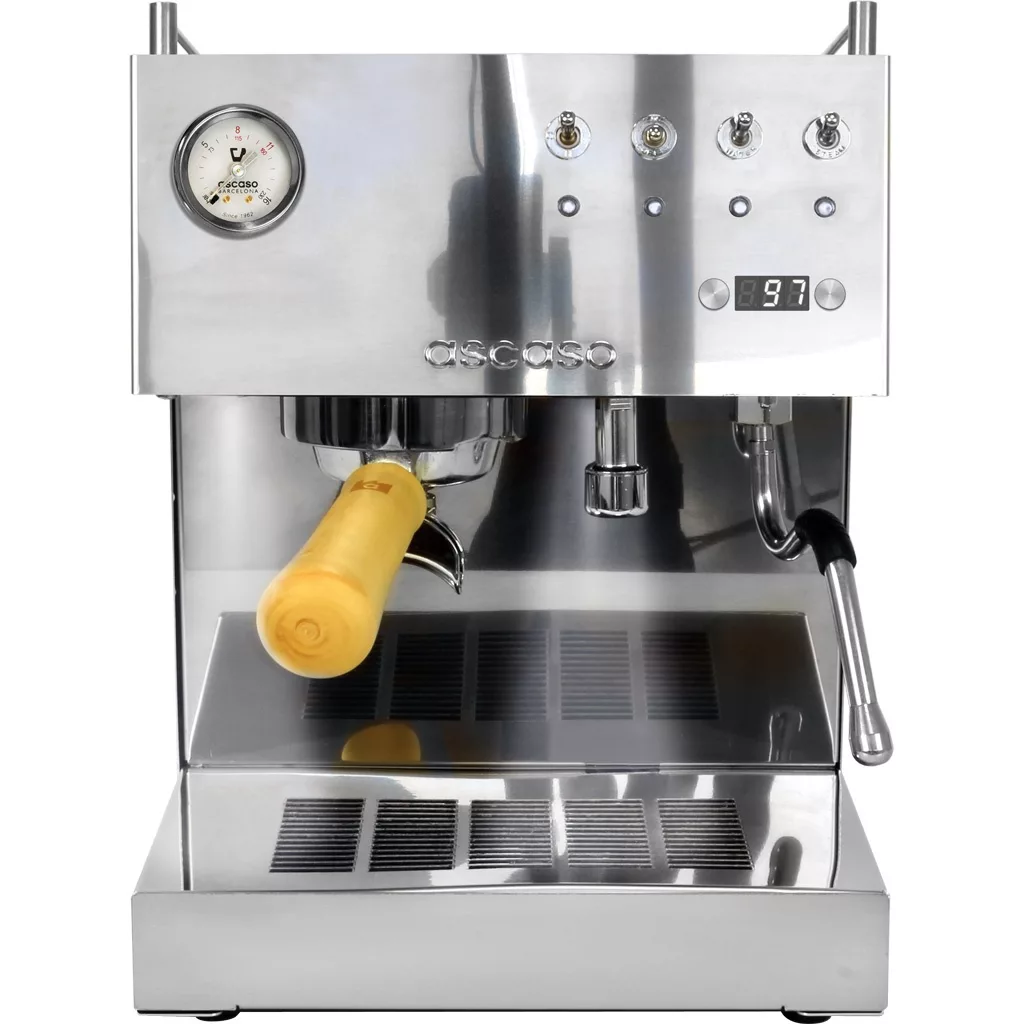 The DISCONTINUED Ascaso Steel Duo PID Dual Thermoblock Espresso Machine offers Dual Thermoblock technology, a portafilter handle, steam wand, control buttons, pressure gauge, and digital display on its stainless steel front panel. © 2025 1st-line.com