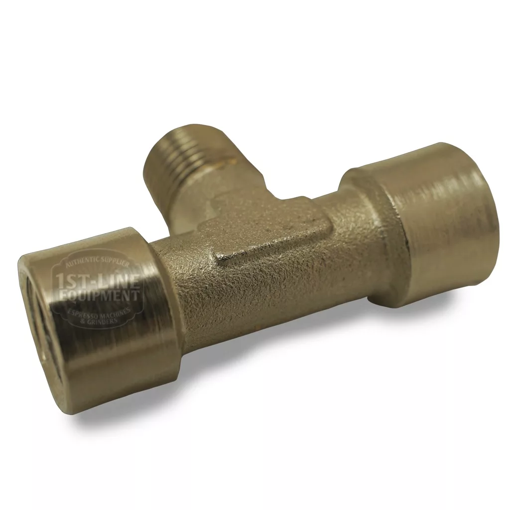 The DISCONTINUED Central T shape fitting 1/4 for the Vesuvius machine features one male and two female brass threaded ends, photographed on a white background, suitable for plumbing, industrial systems, or Vesuvius machine use. © 2025 1st-line.com