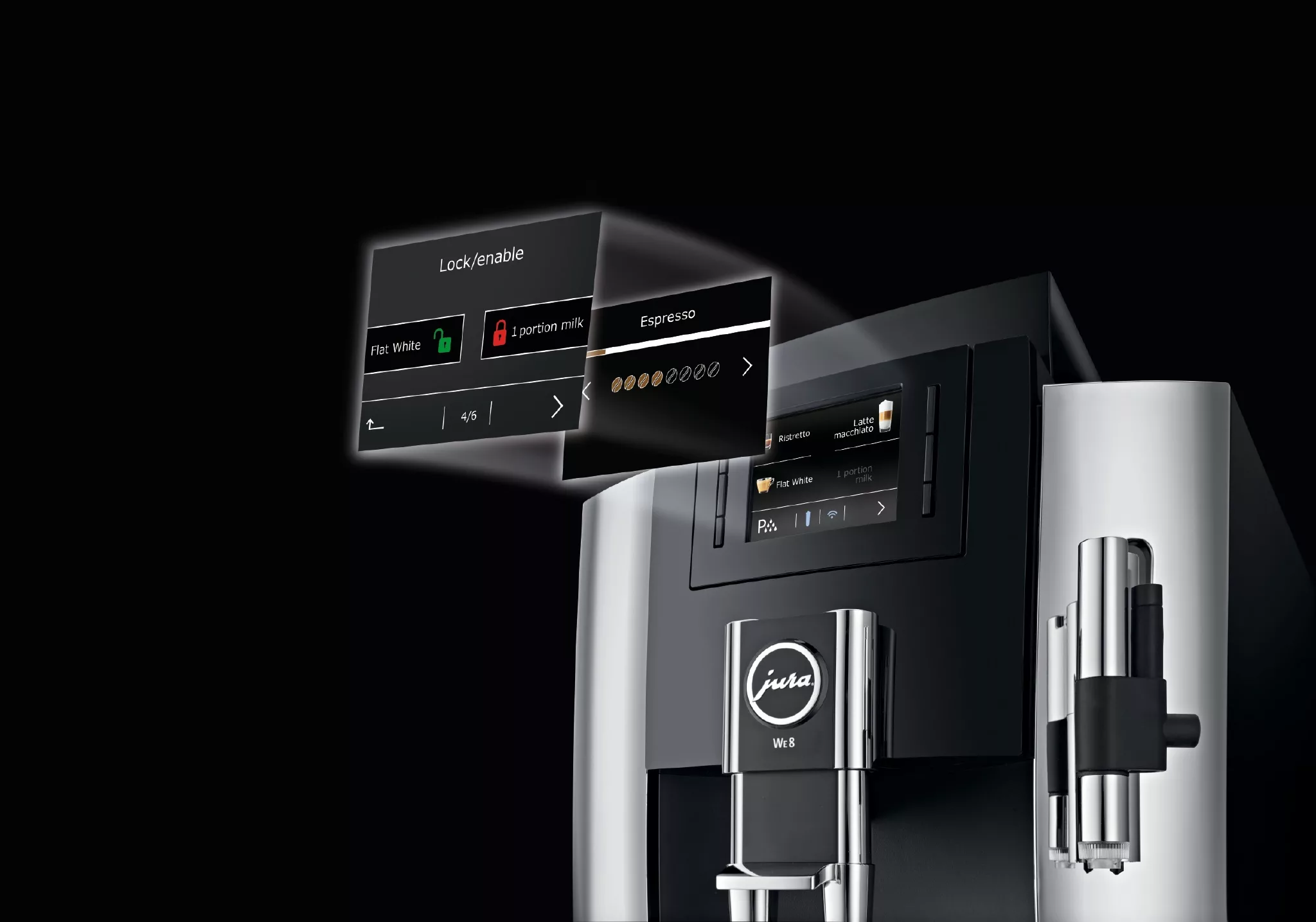 The DISCONTINUED Jura WE8 Professional Automatic Coffee Machine in chrome features a modern digital touchscreen interface displaying milk and espresso options on a sleek black background. © 2025 1st-line.com