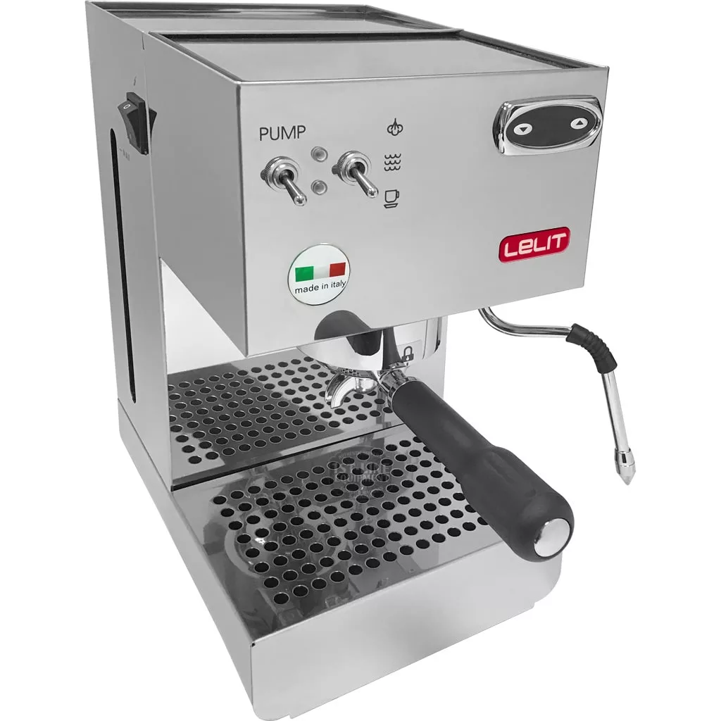 The DISCONTINUED Lelit Glenda PL41PLUST PID Espresso & Cappuccino Machine is stainless steel, features two PUMP switches, a steam wand, portafilter, Lelit front logo, a Made in Italy sticker, and a drip tray beneath. © 2025 1st-line.com