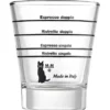 The Motta Graduated Espresso Shot Glass features black measurement lines for espresso doppio, ristretto doppio, espresso singolo, and ristretto singolo, plus a black cat illustration and Made in Italy text near the bottom. © 2025 1st-line.com