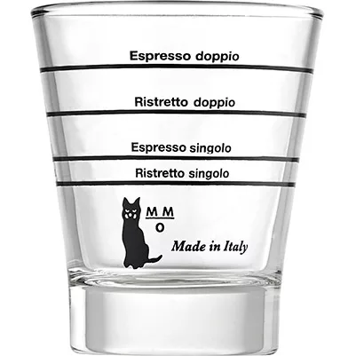 The Motta Graduated Espresso Shot Glass features black measurement lines for espresso doppio, ristretto doppio, espresso singolo, and ristretto singolo, plus a black cat illustration and Made in Italy text near the bottom. © 2025 1st-line.com