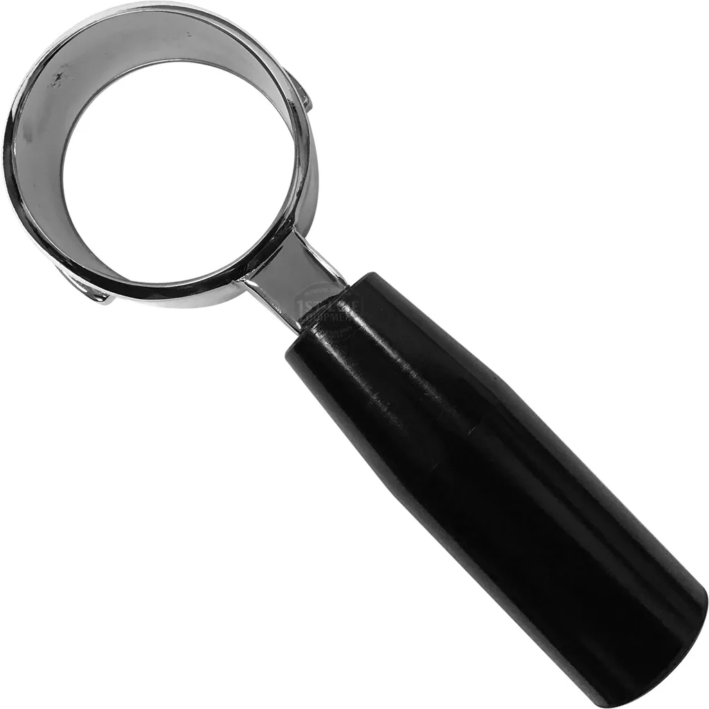 A close-up of a metal jar opener with a black handle, angled on a white background, featuring sleek lines reminiscent of the discontinued Ponte Vecchio Bottomless Portafilter. © 2025 1st-line.com
