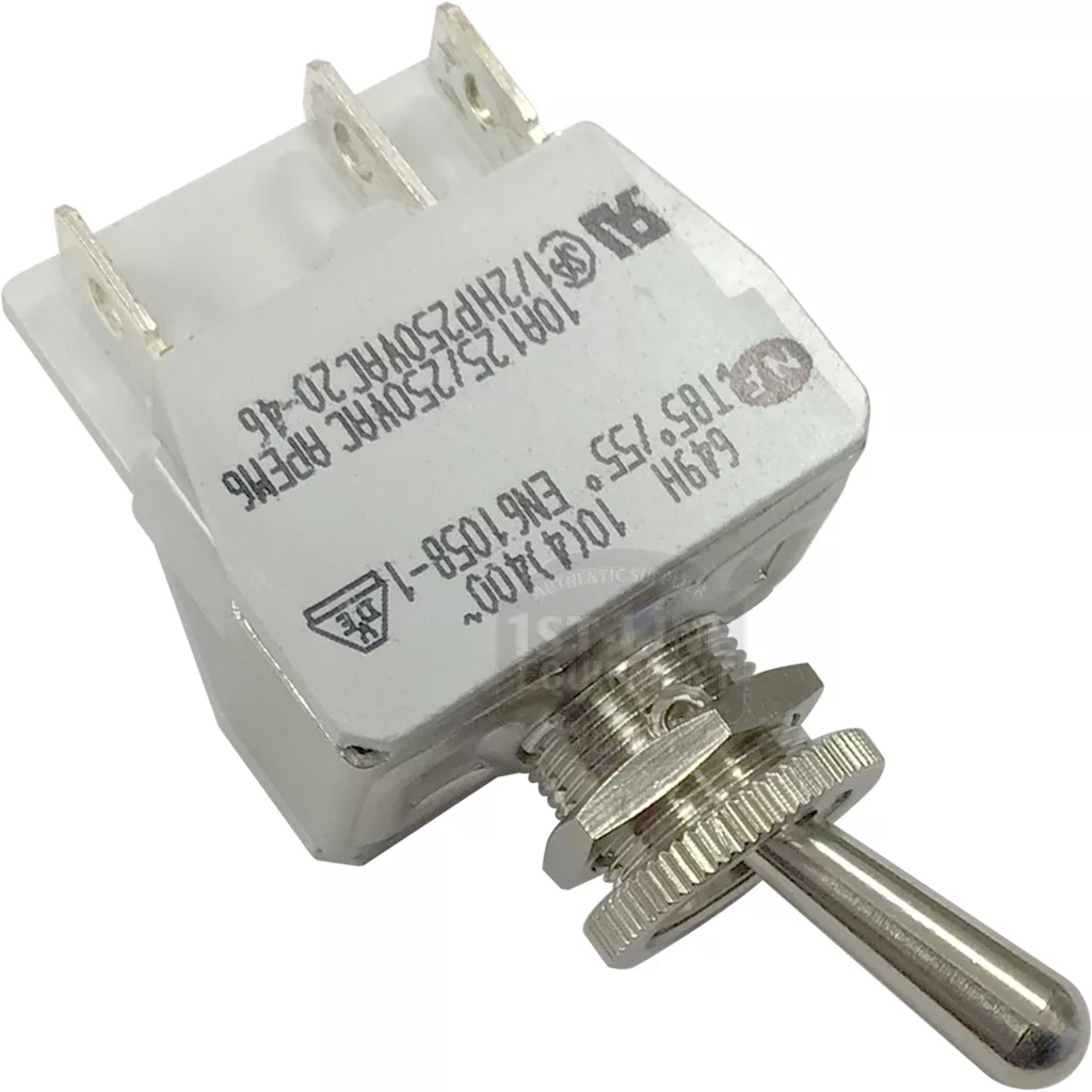 The Lelit MC313 3-Way Rocker Switch has a metallic rectangular body with three prongs, a threaded mounting shaft, and printed technical specifications and symbols on its surface. © 2025 1st-line.com