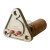 The Izzo 1Group Heating Element - 5Lt., 110V, 1750W features a triangular metal base with two screws and red washers, mounted on a ribbed brown cylindrical insulator. Shown here on a white background.