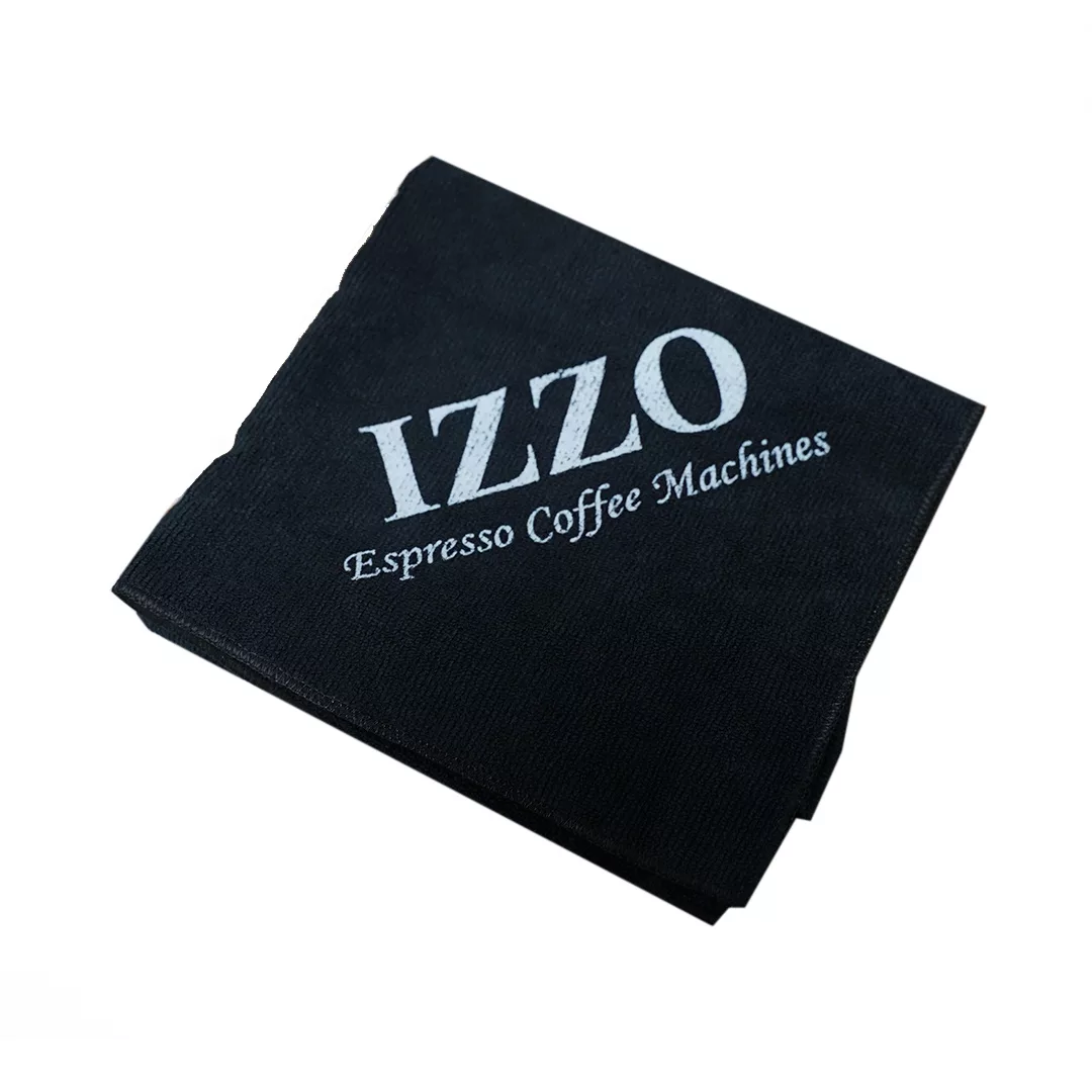 A black napkin with IZZO Espresso Coffee Machines, featuring the DISCONTINUED Izzo Valexia HX Espresso Machine, printed diagonally in white text on the front. © 2025 1st-line.com