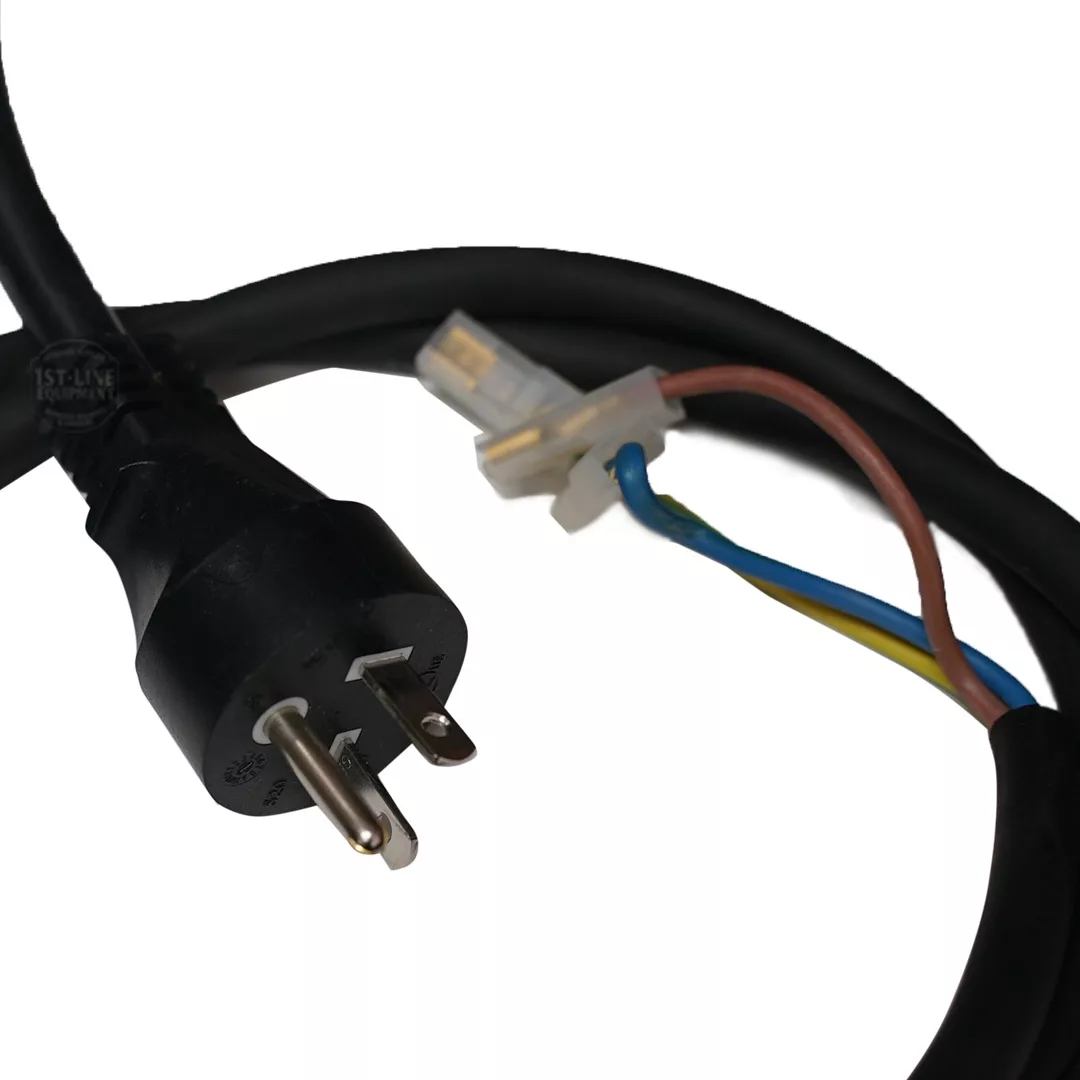 A close-up of a black three-prong power cord with exposed wires, once used in the DISCONTINUED Izzo Valexia Leva Espresso Machine, connected to a white plastic connector against a white background. © 2025 1st-line.com