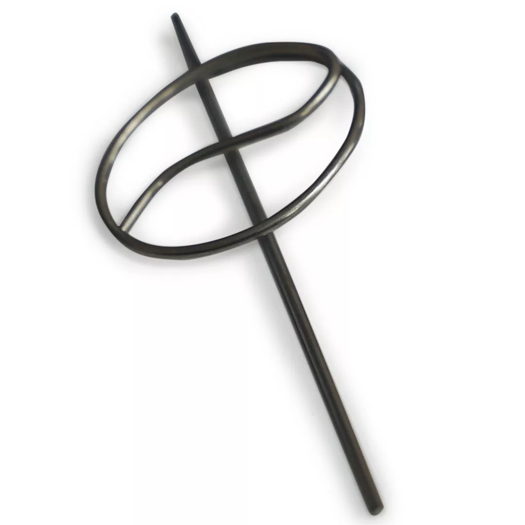 A sleek metal hair stick paired with a matching metal looped circle, inspired by the 1st-Line Steam Wand Tip Hole Pop Tool, serves as a chic hair accessory shown against a white background. © 2025 1st-line.com