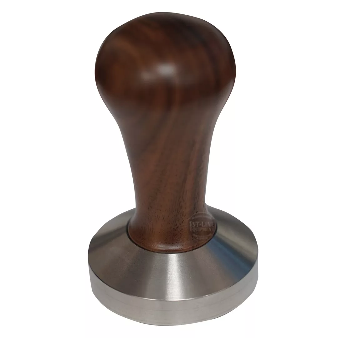A stainless steel and wood espresso tamper with a rounded wooden handle and flat base, ideal for compressing coffee grounds in a portafilter—compatible with the DISCONTINUED Izzo Valexia HX Espresso Machine. © 2025 1st-line.com