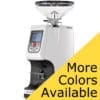 A white Eureka Atom Specialty 75 Espresso Grinder with a short bean hopper and digital display is displayed on a white background, alongside a yellow More Colors Available banner. © 2025 1st-line.com