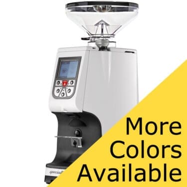 A white Eureka Atom Specialty 75 Espresso Grinder with a short bean hopper and digital display is displayed on a white background, alongside a yellow More Colors Available banner. © 2025 1st-line.com