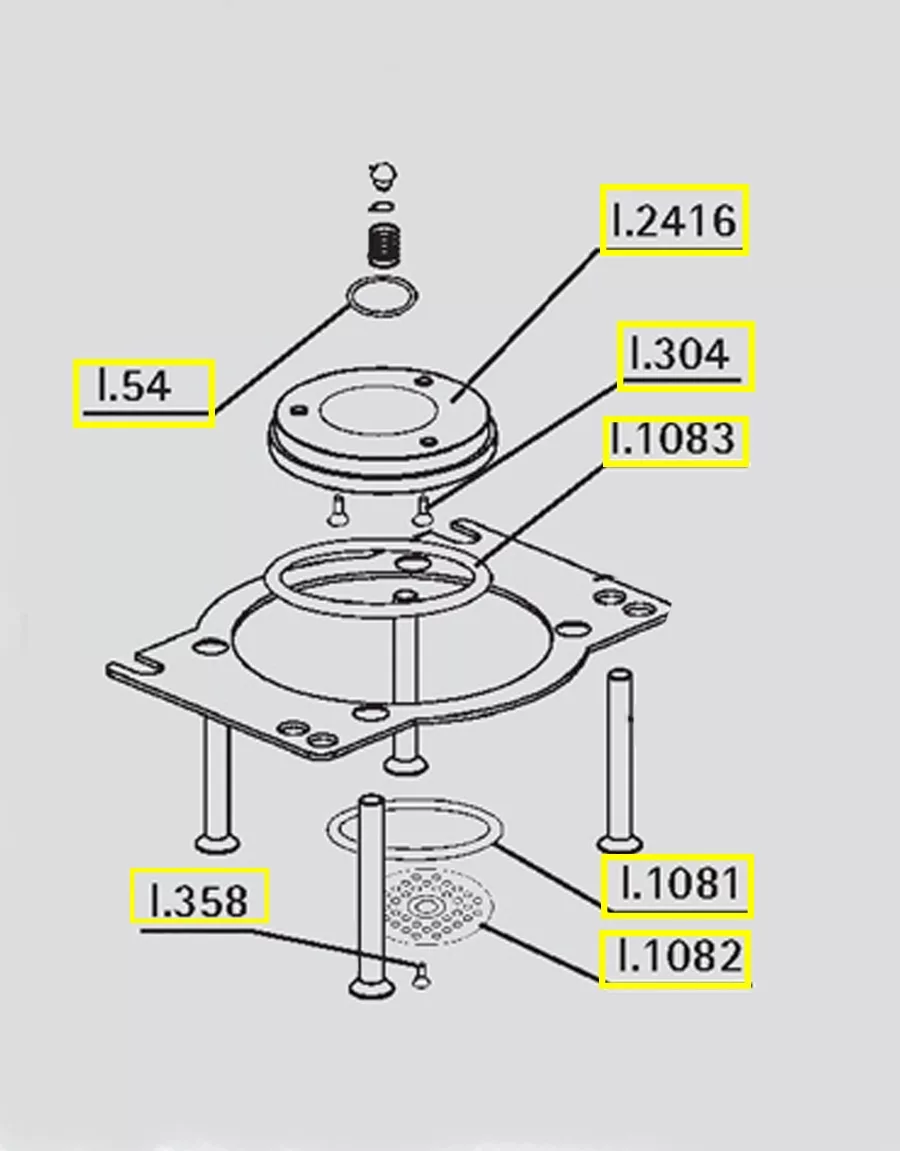 Exploded diagram of the DISCONTINUED Ascaso 57mm Portafilter/Grouphead Capsule Conversion Kit with labeled parts I.54, I.2416, I.304, I.1083, I.358, I.1081, and I.1082; components are vertically aligned with screws and plates. © 2025 1st-line.com