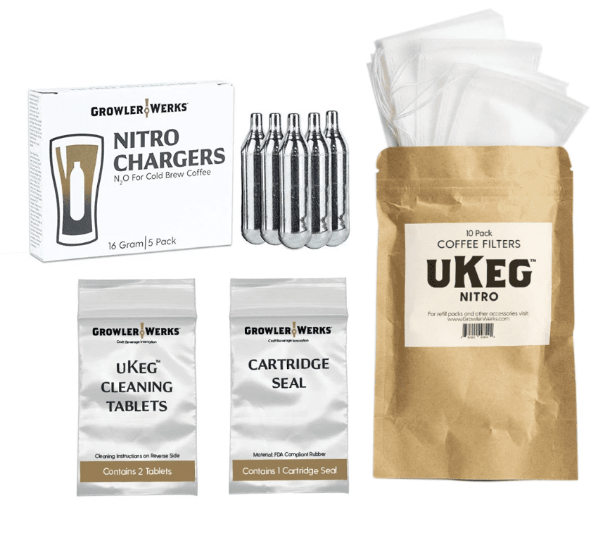The DISCONTINUED GrowlerWerks Refill Kit for uKeg Nitro Cold Brew Coffee Maker includes nitro chargers, five nitrogen cartridges, coffee filters, cleaning tablets, and a cartridge seal packet arranged on a white background. © 2025 1st-line.com