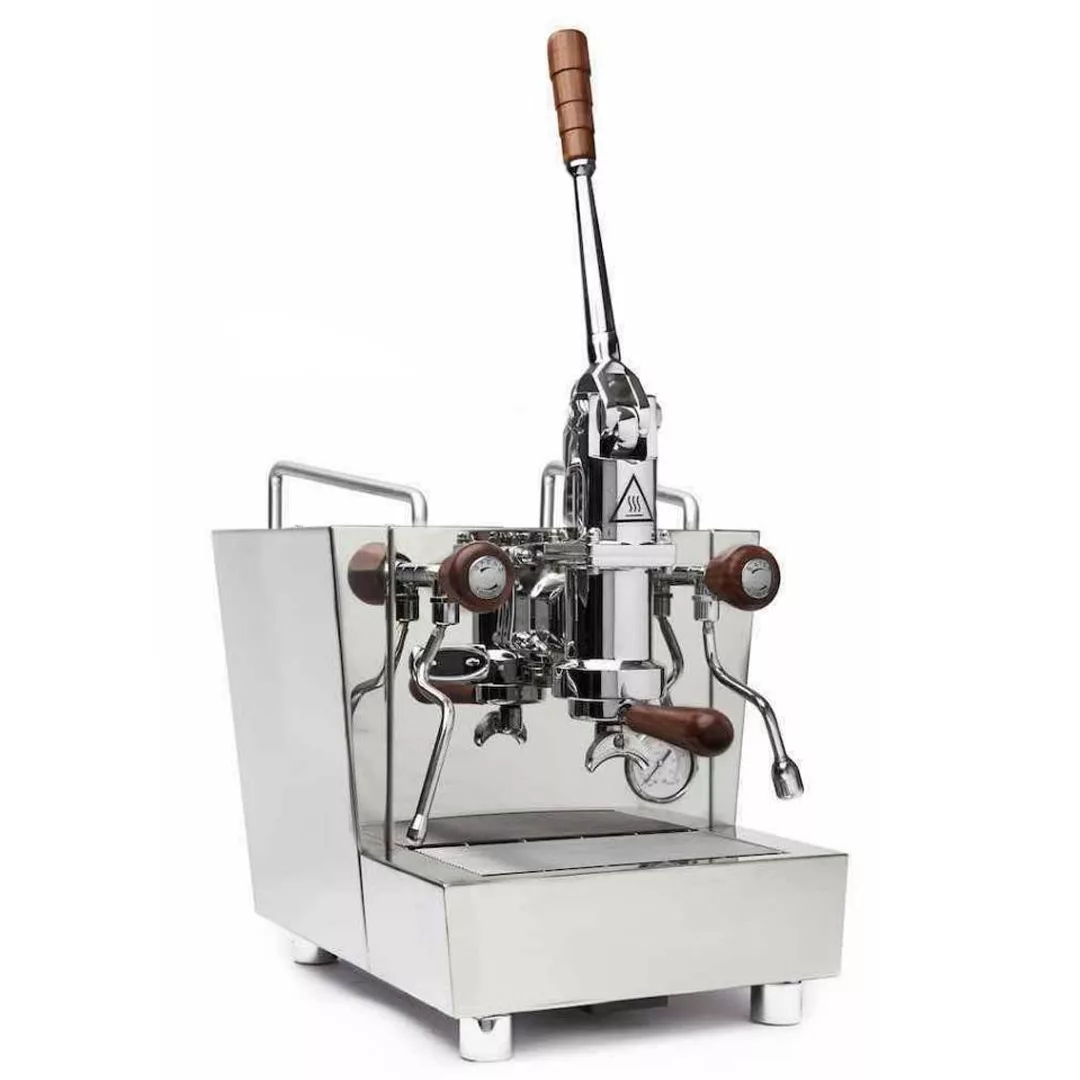 The DISCONTINUED Izzo Valexia Leva Espresso Machine, featuring a tall lever, wood accents, dual pressure gauges, steam wand, and drip tray, is displayed against a white background—highlighting its classic style and craftsmanship. © 2025 1st-line.com