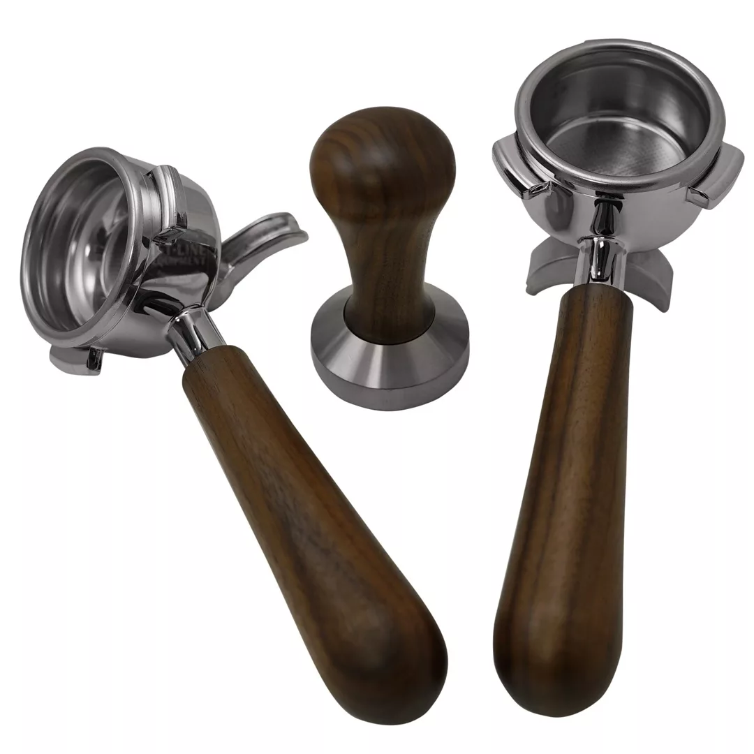 Three espresso tools with polished dark wood handles—two portafilters and a tamper—are set on a white background. Their silver metal parts complement the discontinued Izzo Valexia Leva Espresso Machine. © 2025 1st-line.com