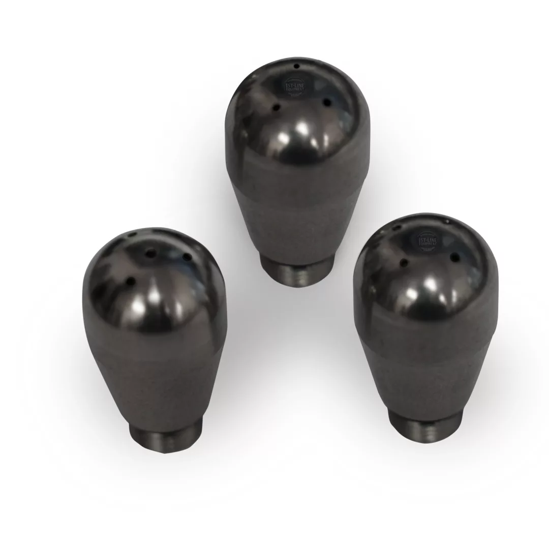 Three metallic spray nozzles for the DISCONTINUED Izzo Valexia HX Espresso Machine are shown on a white background. Each has a rounded top with several small holes and a threaded base, arranged in a triangular layout. © 2025 1st-line.com