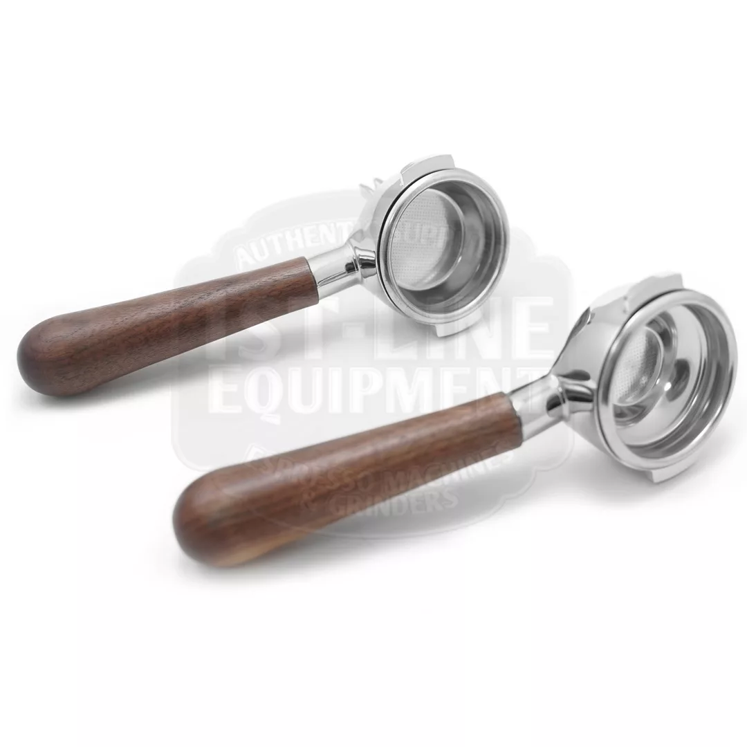 Two portafilters with wooden handles and metal filter baskets are placed on a white surface, with one slightly in front of the other. © 2025 1st-line.com