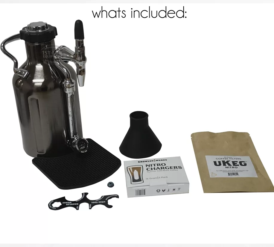 What’s included: DISCONTINUED GrowlerWerks uKeg Nitro Cold Brew Coffee Maker with N2O, metal growler with tap, drip mat, funnel, cleaning bead, N2O chargers box, wrench tool, and UKeg Nitro packet. © 2025 1st-line.com
