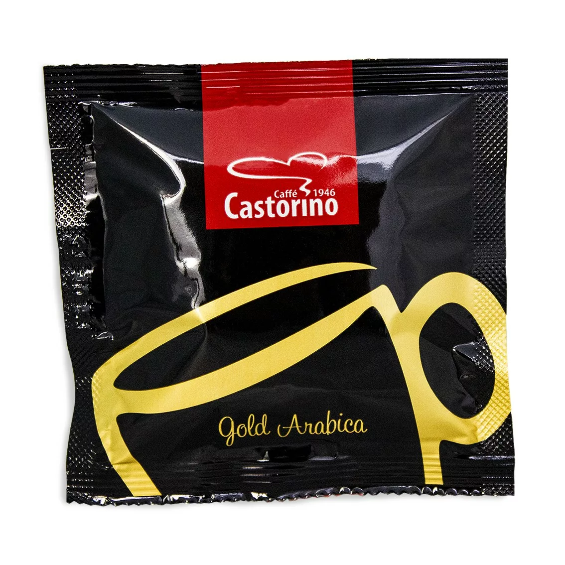 A black packet of DISCONTINUED Caffe Castorino Gold Arabica E.S.E. Pods (100/case) features a yellow cup outline, Gold Arabica text, and a red-and-white Caffè Castorino 1946 label at the top. © 2025 1st-line.com