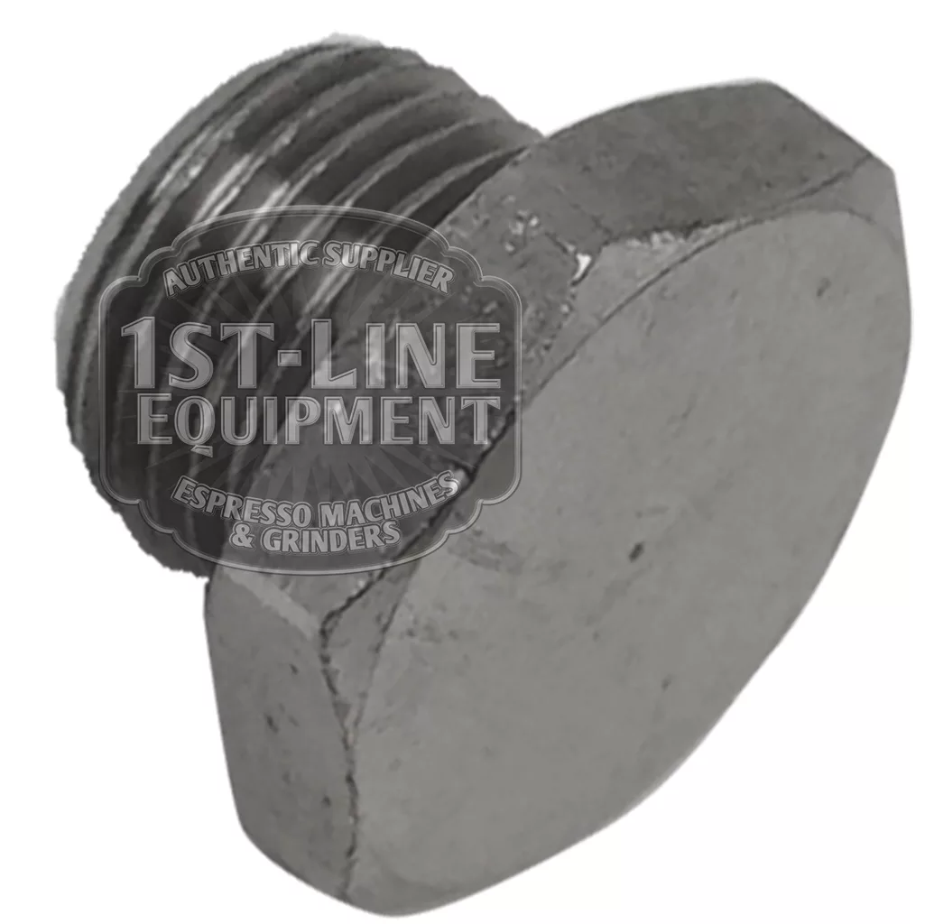 A close-up of the Ascaso I..346 1/8 Boiler Cap, a metallic threaded cap with a flat, wide head. The image features a watermark: 1st-Line Equipment Espresso Machines & Grinders. © 2025 1st-line.com