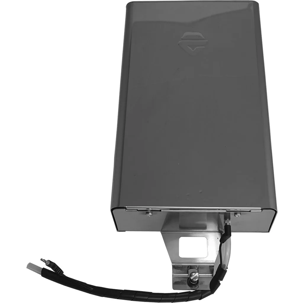 A rectangular metallic device with a dark, smooth case mounts on a metal bracket. A black cable extends from the bottom left, ending in a connector—perfect for use with the Lelit 1000156 External Water Tank Kit/Assembly. © 2025 1st-line.com