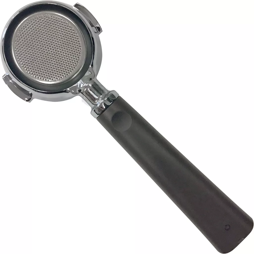 The discontinued Lelit PLA570V 57mm Bottomless Portafilter with a VIP handle is shown from above on a white background, highlighting its metal design and fine mesh basket for ground coffee. © 2025 1st-line.com