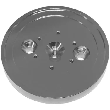 The Lelit MC191 Grouphead Dispersion Plate is a polished, round silver metal plate with a reflective surface and multiple symmetrically arranged holes of different sizes around a larger central threaded hole. © 2025 1st-line.com