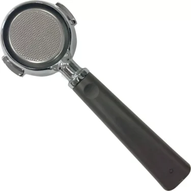 The Lelit PLA580V 58mm Bottomless Portafilter, shown from above on a white background, features a black plastic handle and round mesh filter basket—ideal for holding coffee grounds during espresso preparation. © 2025 1st-line.com