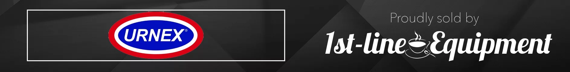 A banner with the Urnex logo on the left and the text Proudly sold by 1st-line Equipment on the right, set against a dark geometric background. © 2025 1st-line.com