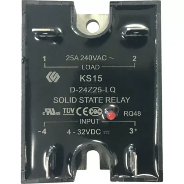 A black ECM P6031 Solid State/Static Relay, model D-24Z25-LQ, is shown with 25A 240VAC load specs, 4-32VDC input, various certification marks, label KS15, and terminal numbers visible on the front. © 2025 1st-line.com