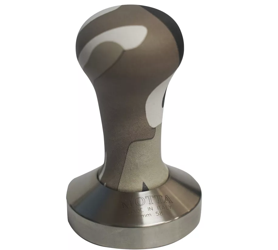 A camo-pattern espresso tamper with rounded handle and flat 58mm base, engraved “Motta Made in Italy”—a top pick for fans of the DISCONTINUED Motta Carbon Look Coffee Leveling Tool - 58mm. © 2025 1st-line.com