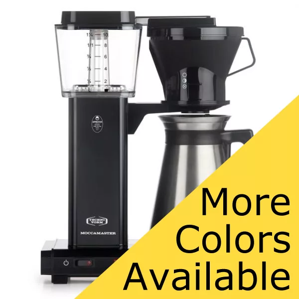 A DISCONTINUED Technivorm Moccamaster KBT Coffee Brewer with a stainless steel thermal carafe, clear water reservoir, and More Colors Available shown on a yellow diagonal banner. © 2025 1st-line.com
