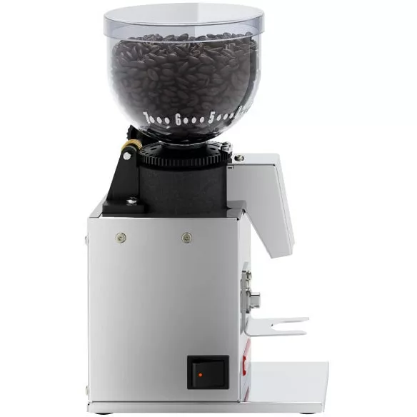 A side view of the DISCONTINUED Lelit PL043MMI Fred Espresso Coffee Grinder shows its metal body, transparent hopper filled with coffee beans, and a power switch at the bottom. © 2025 1st-line.com
