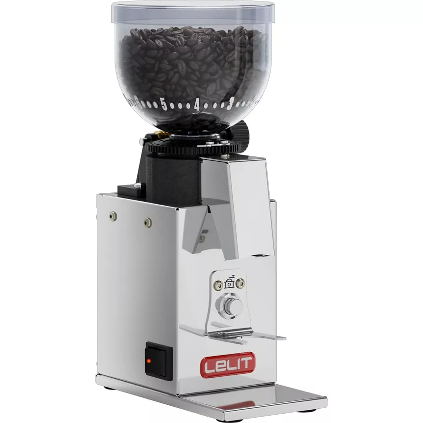 A silver DISCONTINUED Lelit PL043MMI Fred Espresso Coffee Grinder with a clear bean hopper, filled with coffee beans, features a red LELIT logo on the front and a power switch on the side. © 2025 1st-line.com